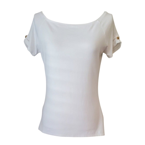 White House Black Market White Short Sleeve Boat Neck Top Button Details Size M - Picture 1 of 7